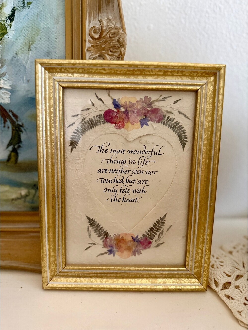 Gold Framed Handmade Paper & Pressed Flowers “Wonderful Things” Wall Art